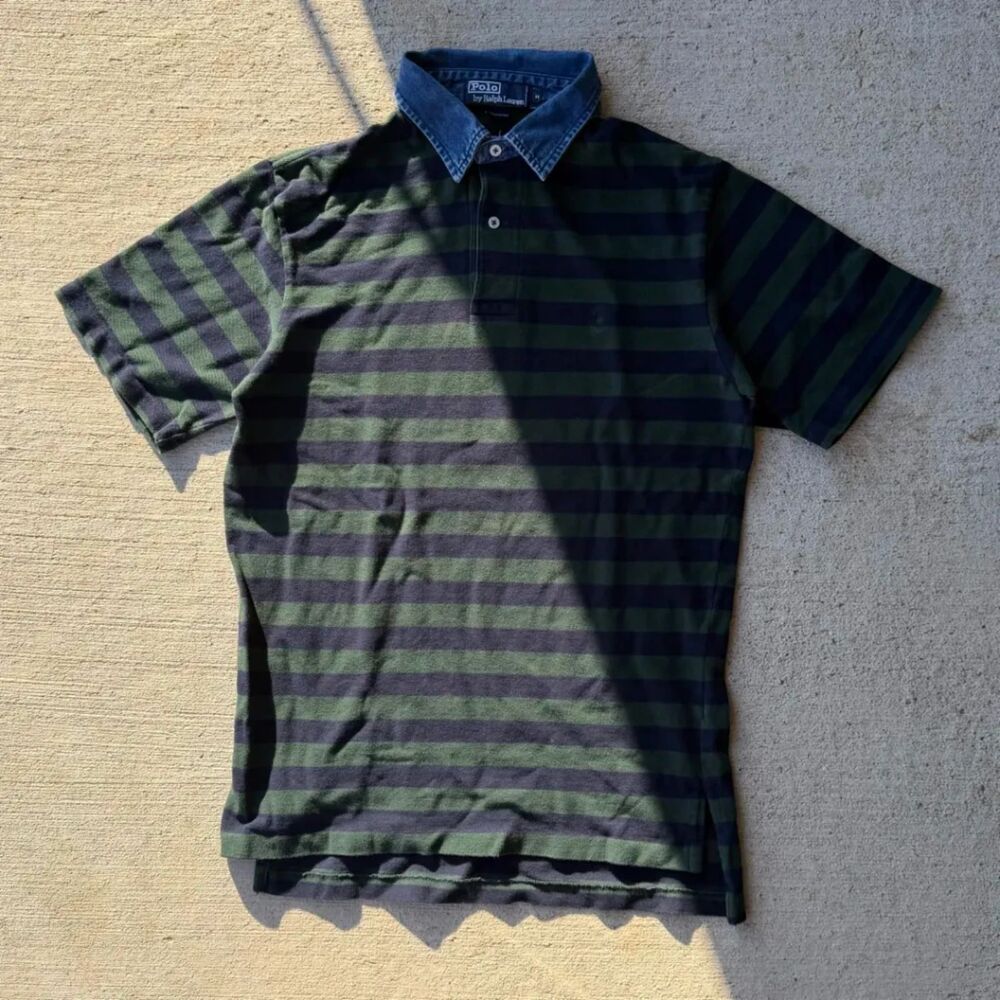Vintage 90s Polo Ralph Lauren Striped Polo Shirt Denim Collar Navy Green Medium